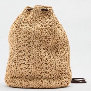 Zara tan paper raffia straw backpack with brown vegan leather straps